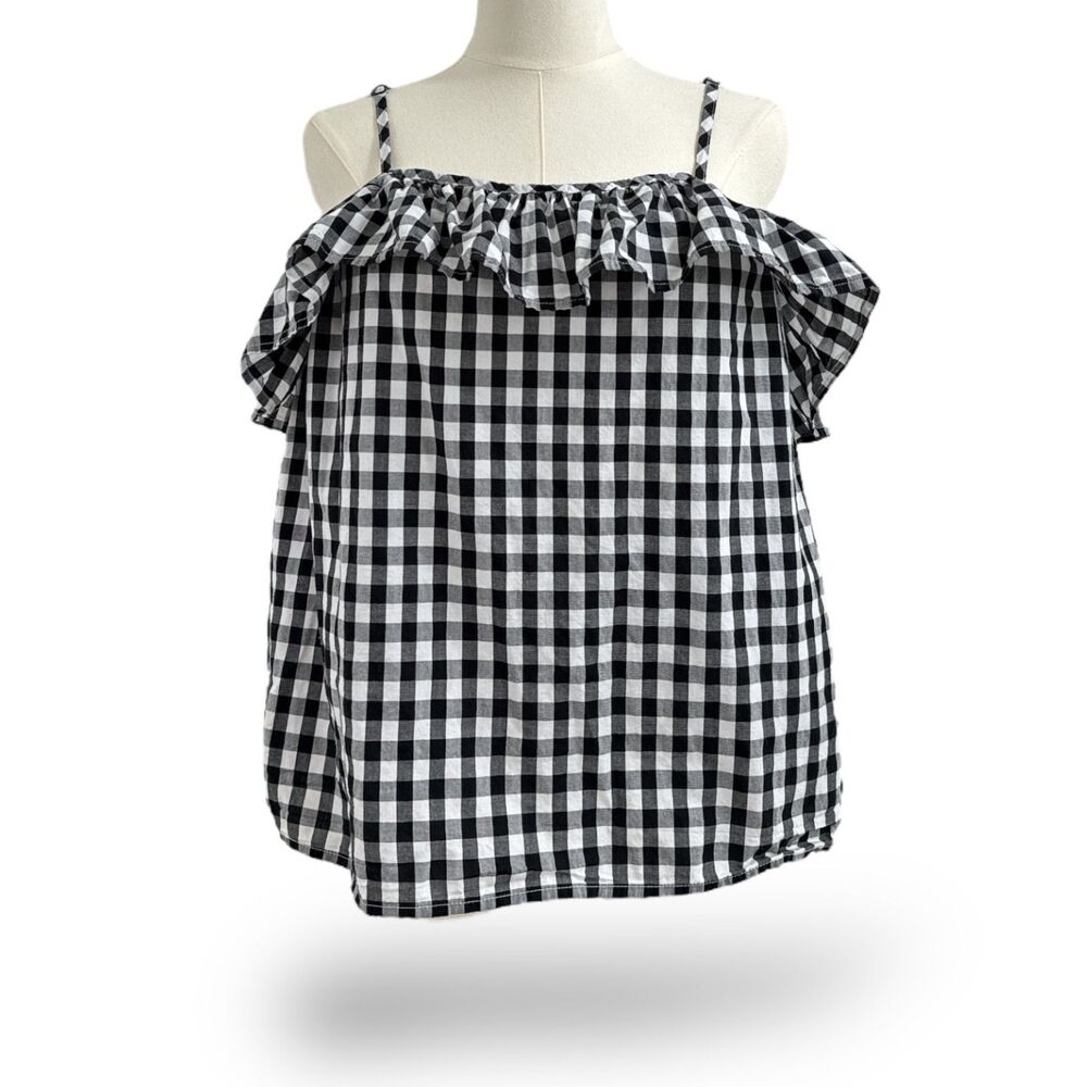 A New Day Cute Off-the-Shoulder Black/White‎ Gingham Ruffle Top Wm Sz XL EUC